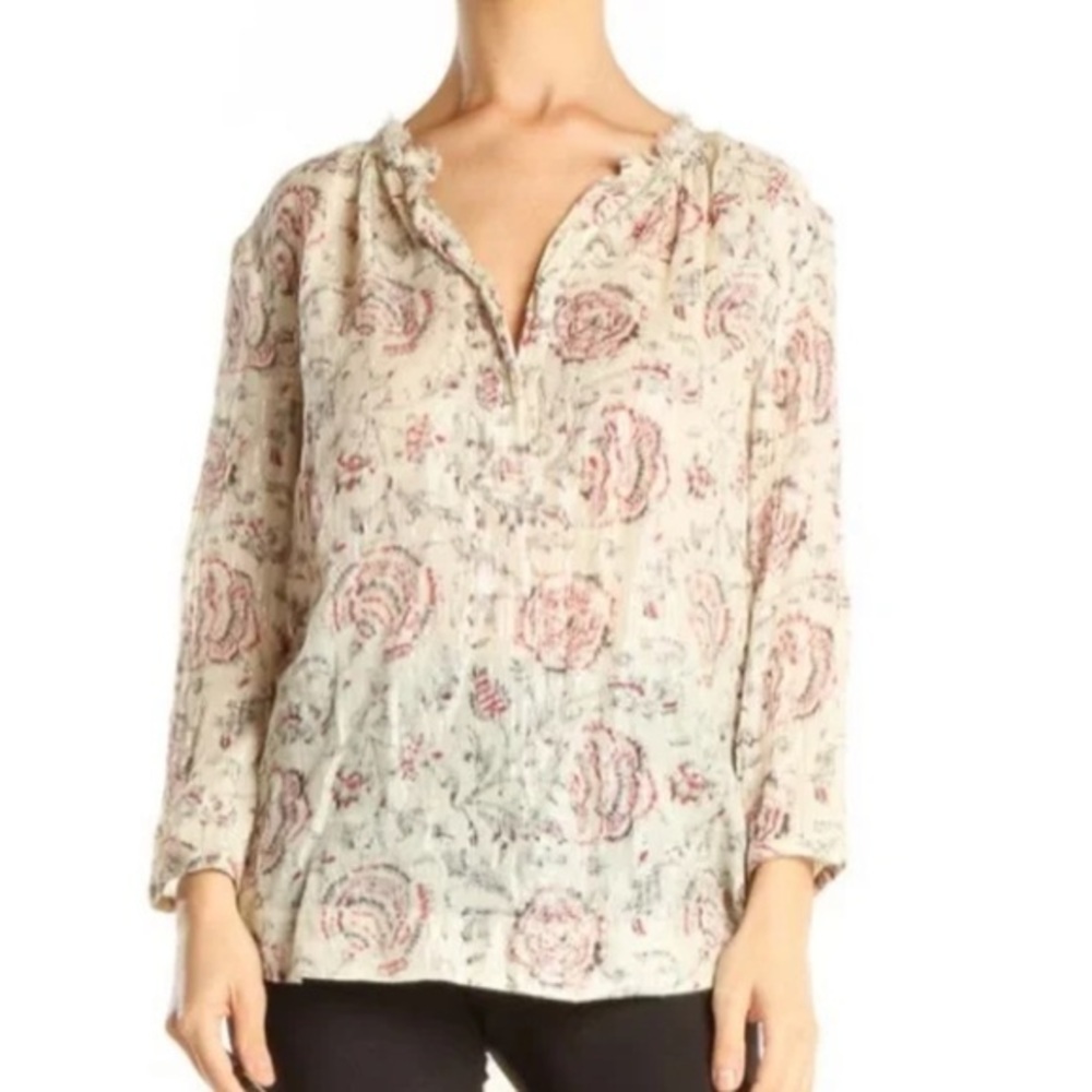 Madewell-Cream Floral Silver Threaded Print Boho Bohemian Top size L